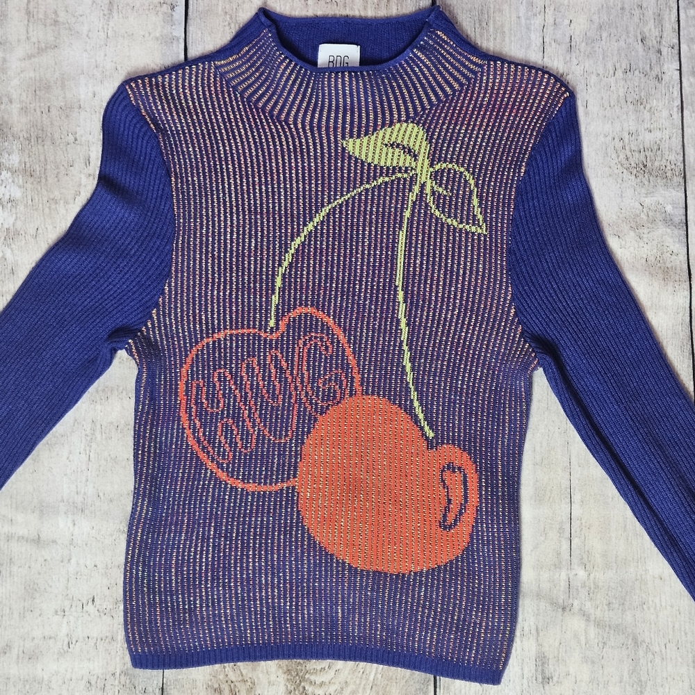 Urban Outfitters BDG Shauna Jacquard Cherry Mockneck Sweater In Navy size Medium - Picture 2 of 9